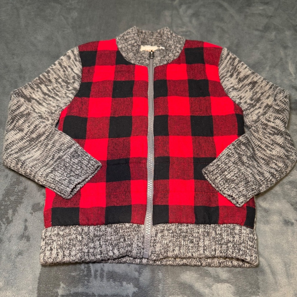 Cat & Jack Toddler Boys Buffalo Plaid Fleece Lined Zip‎ Up Jacket Size 5T Gray
